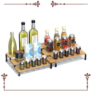 3 Tier Bamboo Spice Rack Freestanding Expandable Seasoning Jars Shelf