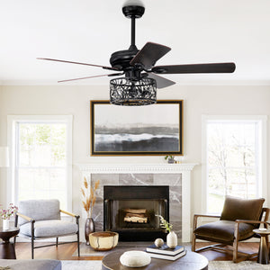 52 in. Indoor Black Ceiling Fan with Light, 3-Speed Blades Fandelier Reversible