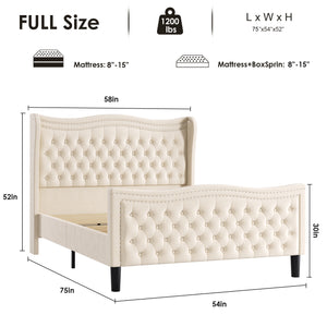 Beige Wood Frame Platform Bed with Wingback Headboard and Rhombus Pattern