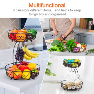 Black 1-Piece 2-Tier Fruit Basket with 2-Banana Hooks and 2-Fruit Bowl