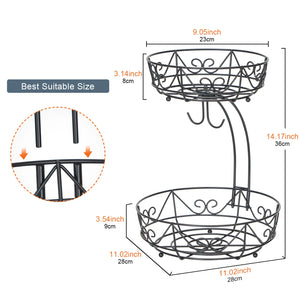 Black 1-Piece 2-Tier Fruit Basket with 2-Banana Hooks and 2-Fruit Bowl