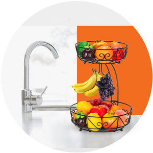 Black 1-Piece 2-Tier Fruit Basket with 2-Banana Hooks and 2-Fruit Bowl