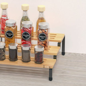 3 Tier Bamboo Spice Rack Freestanding Expandable Seasoning Jars Shelf