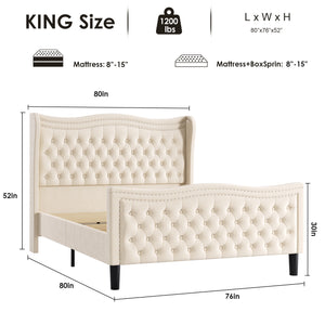 Beige Wood Frame Platform Bed with Wingback Headboard and Rhombus Pattern
