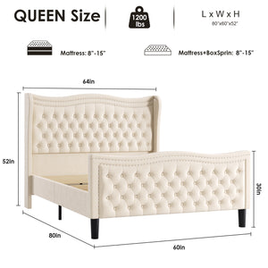 Beige Wood Frame Platform Bed with Wingback Headboard and Rhombus Pattern