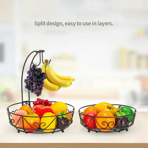 Black 1-Piece 2-Tier Fruit Basket with 2-Banana Hooks and 2-Fruit Bowl
