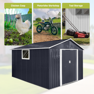 9.1*10.6 Ft Metal Garden Shed with Lockable Double Doors & Sloping Roof, Weather-Resistant Tool Shed for Backyard, Patio, Poolside Black