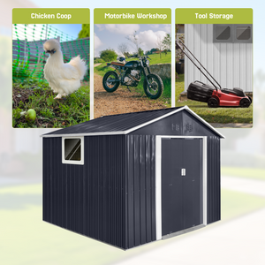 9.1*8.5 Ft Metal Garden Shed with Lockable Double Doors & Sloping Roof, Weather-Resistant Tool Shed for Backyard, Patio, Poolside Black