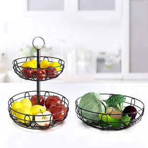 Black 1-Piece 2-Tier Fruit Basket with 2-Banana Hooks and 2-Fruit Bowl