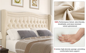 Beige Wood Frame Platform Bed with Wingback Headboard and Rhombus Pattern