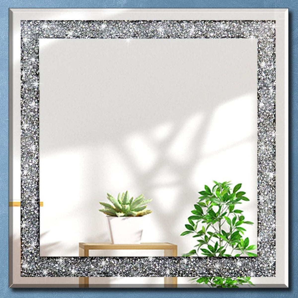 24 in. W x 24 in. H Square Framed Silver Crystal Decorative Wall Mirror