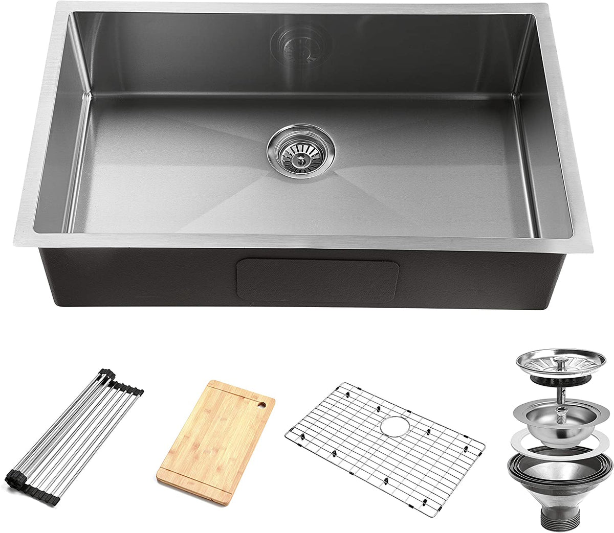 32 in. Undermount Single Bowl 16-Gauge Stainless Steel Kitchen Sink with Accessories (5-Pack Built-in Components)