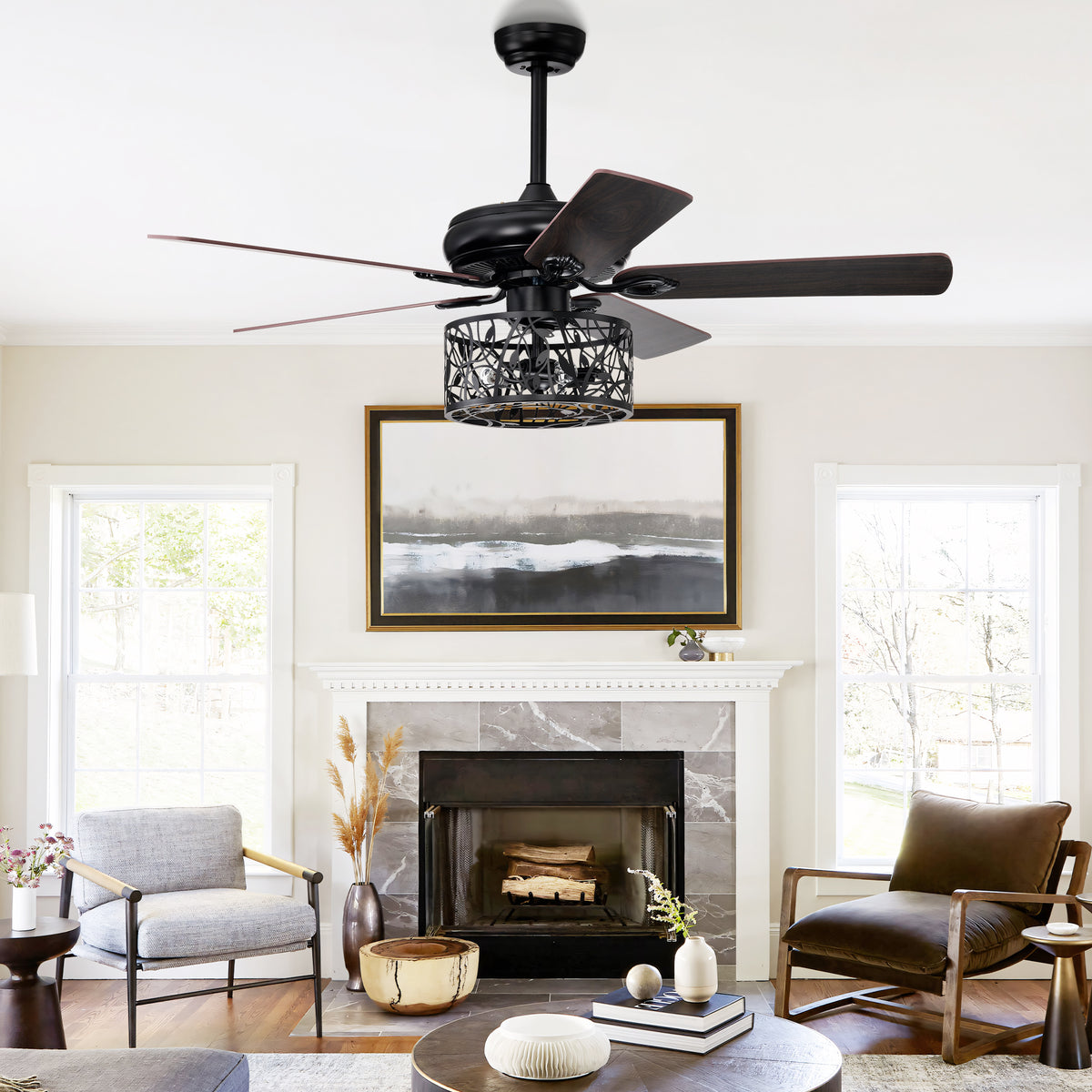 52 in. Indoor Black Ceiling Fan with Light, 3-Speed Blades Fandelier Reversible