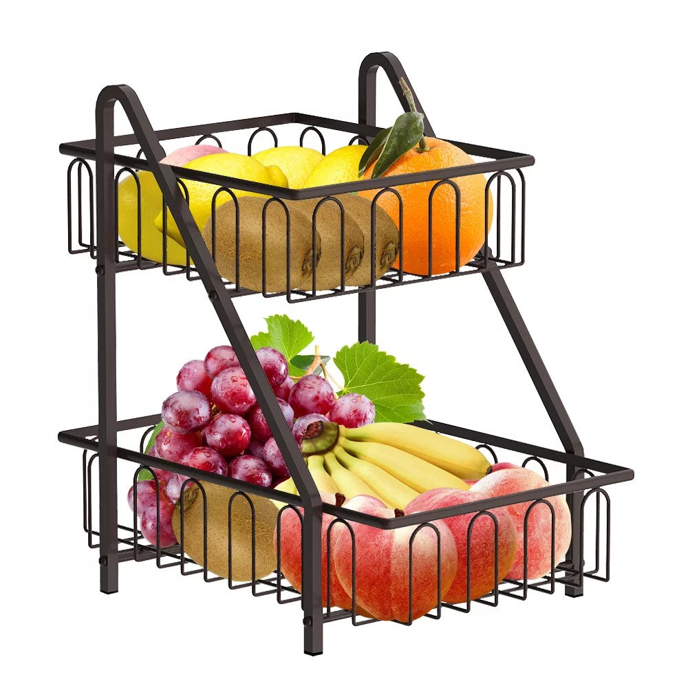 2-Tier Bronze Metal Fruit Baskets with Handle For Countertop (12 in. H x 12 in. W x 9 in. D)