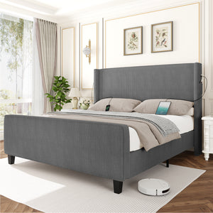 Corduroy Bed Frame With Wingback Headboard，Upholstered Platform Bed With Wood Slats, No Box Spring Needed, Easy Assembly