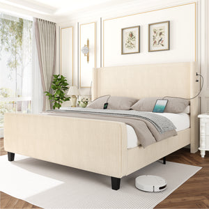 Corduroy Bed Frame With Wingback Headboard，Upholstered Platform Bed With Wood Slats, No Box Spring Needed, Easy Assembly