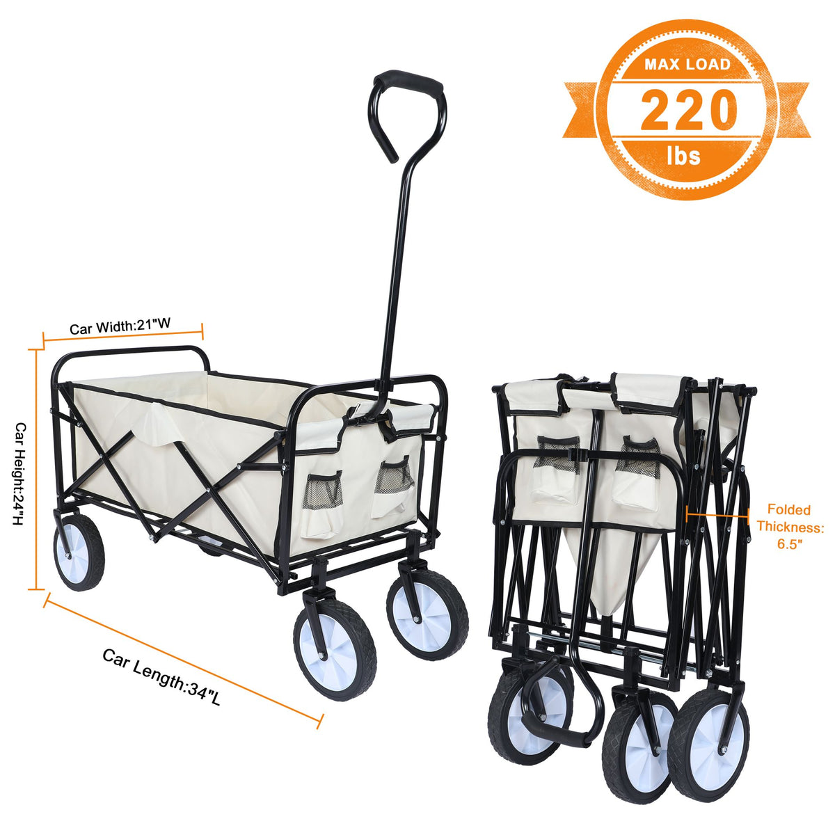 8 cu. ft. White Steel Rolling Collapsible Garden Cart Camping Wagon with Swivel Wheels and Adjustable Handle
