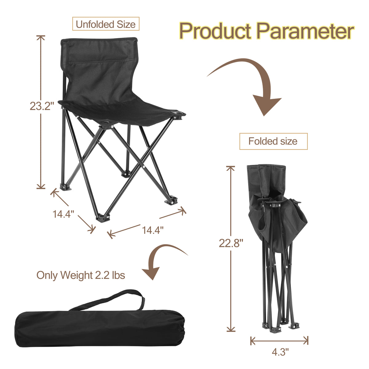 Mini Armless Portable Folding Camping Chair for Outdoor Camping Fishing in Black