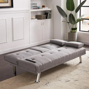 Dubbin Modern Linen Convertible Futon Sofa Bed with Removable Armrests,Metal Legs,and Cupholders - Grey