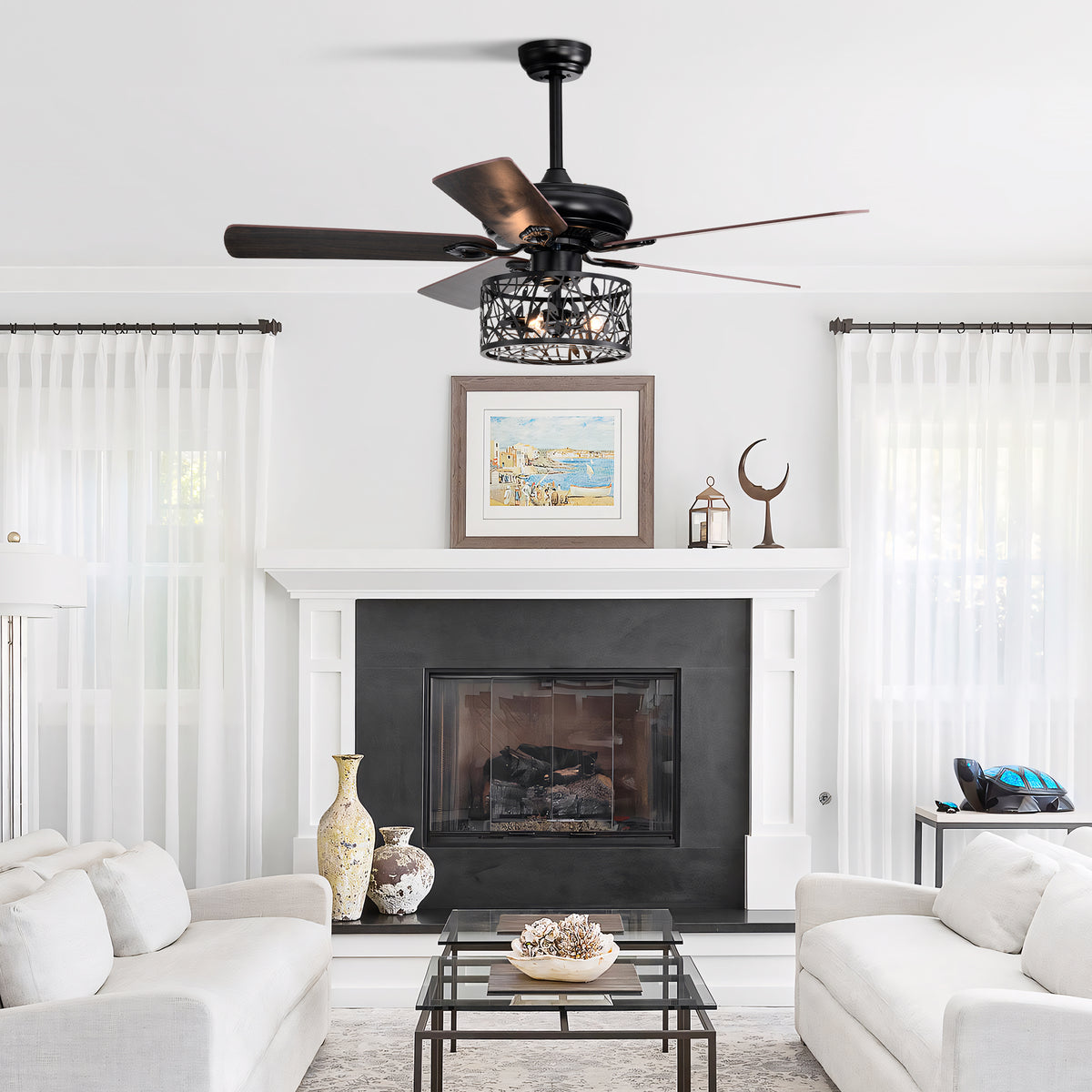 52 in. Indoor Black Ceiling Fan with Light, 3-Speed Blades Fandelier Reversible