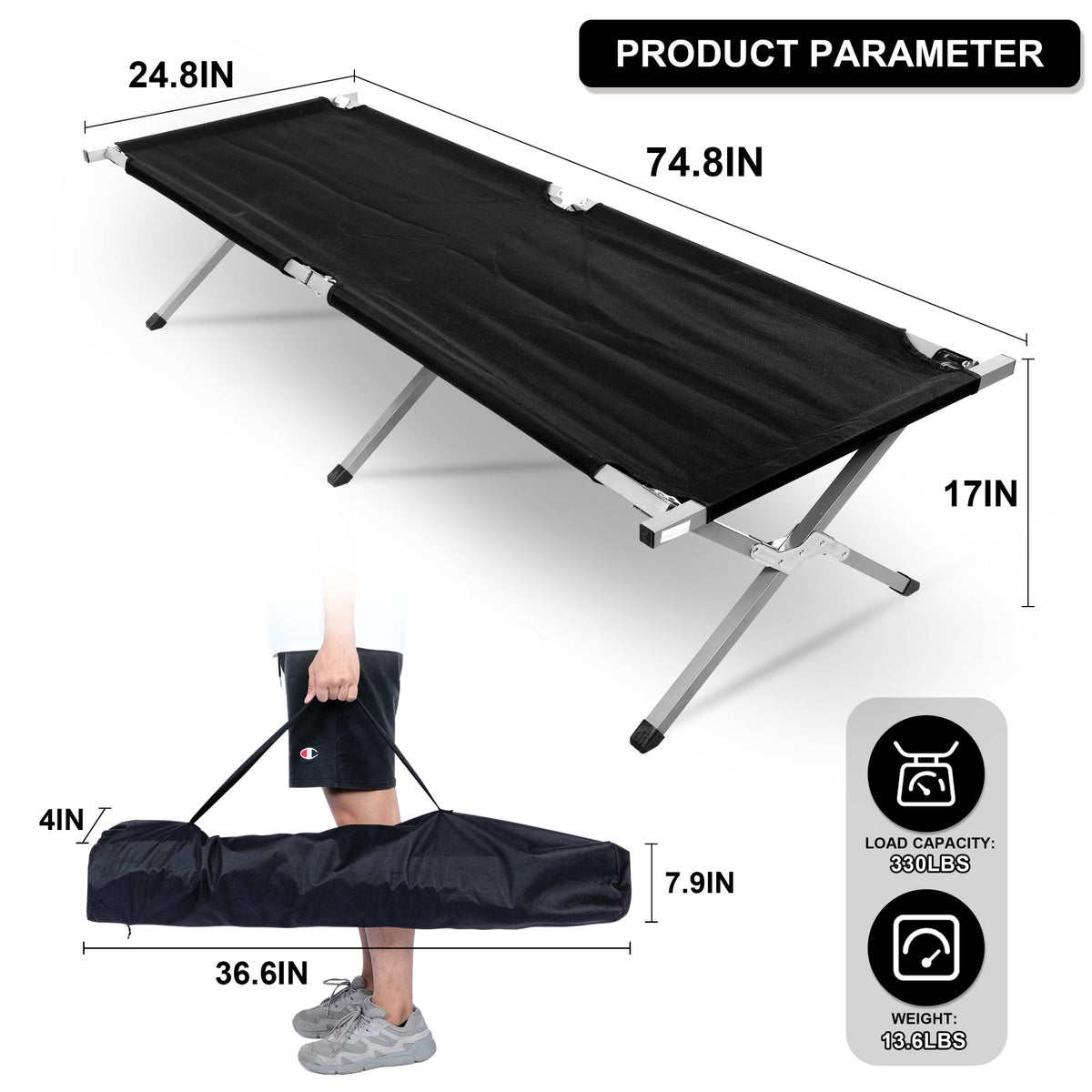 Portable Folding Camping Cot. 74.8 in. x 24.8 in. x 17 in. in Black