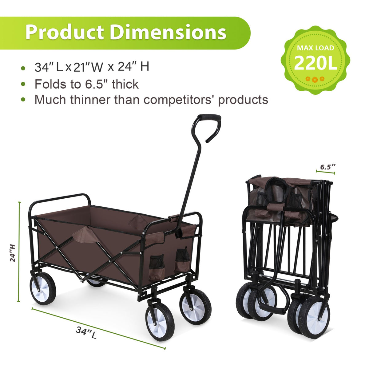 8 cu. ft. Brown Steel Rolling Collapsible Garden Cart Camping Wagon with Swivel Wheels and Adjustable Handle