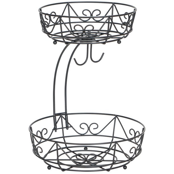 Black 1-Piece 2-Tier Fruit Basket with 2-Banana Hooks and 2-Fruit Bowl