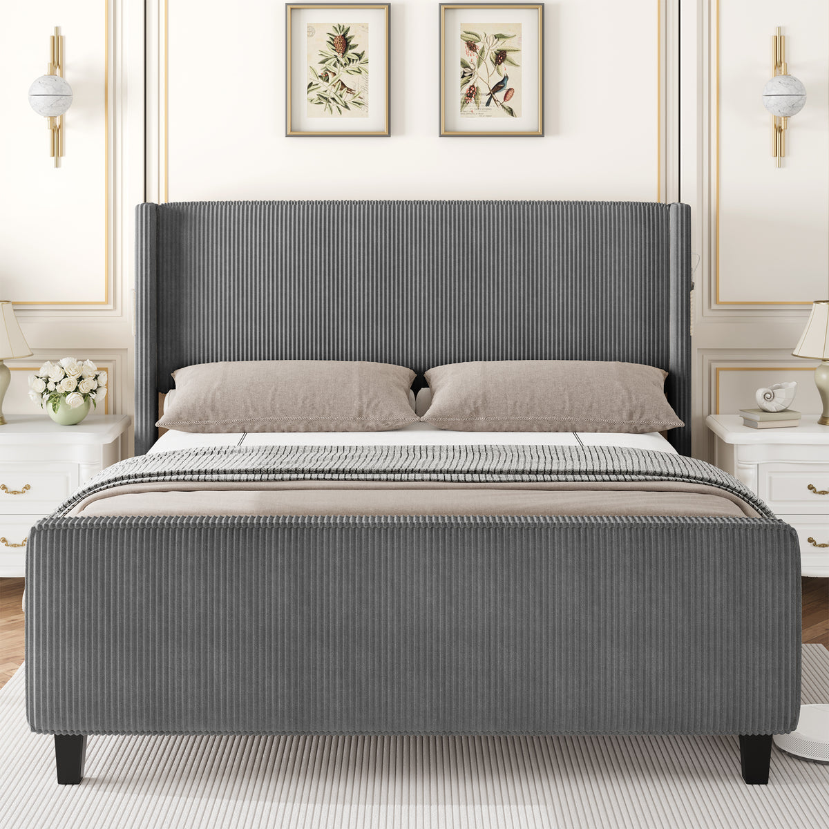 Corduroy Bed Frame With Wingback Headboard，Upholstered Platform Bed With Wood Slats, No Box Spring Needed, Easy Assembly