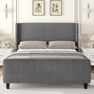 Corduroy Bed Frame With Wingback Headboard，Upholstered Platform Bed With Wood Slats, No Box Spring Needed, Easy Assembly