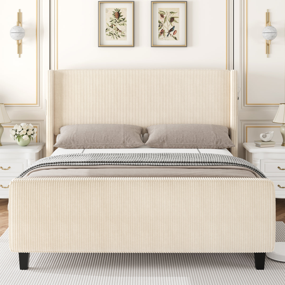 Corduroy Bed Frame With Wingback Headboard，Upholstered Platform Bed With Wood Slats, No Box Spring Needed, Easy Assembly