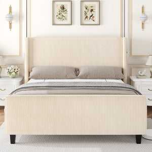 Corduroy Bed Frame With Wingback Headboard，Upholstered Platform Bed With Wood Slats, No Box Spring Needed, Easy Assembly