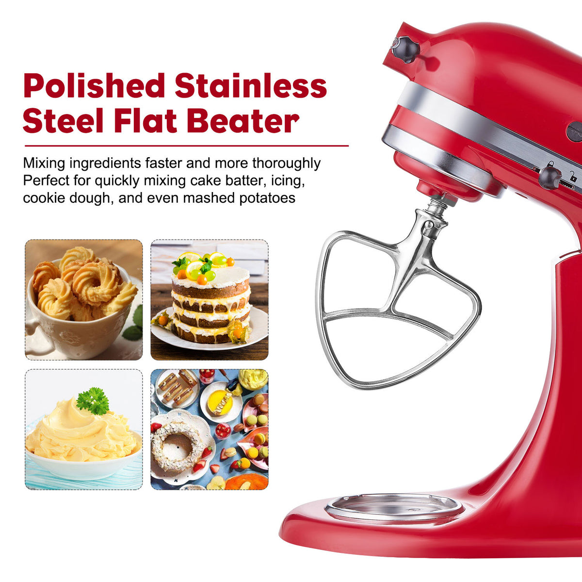 Stainless Steel Flex Edge Beater for KitchenAid Mixer, Fits Tilt-Head Stand Mixer Bowls For 4.5-5 qt. Bowls