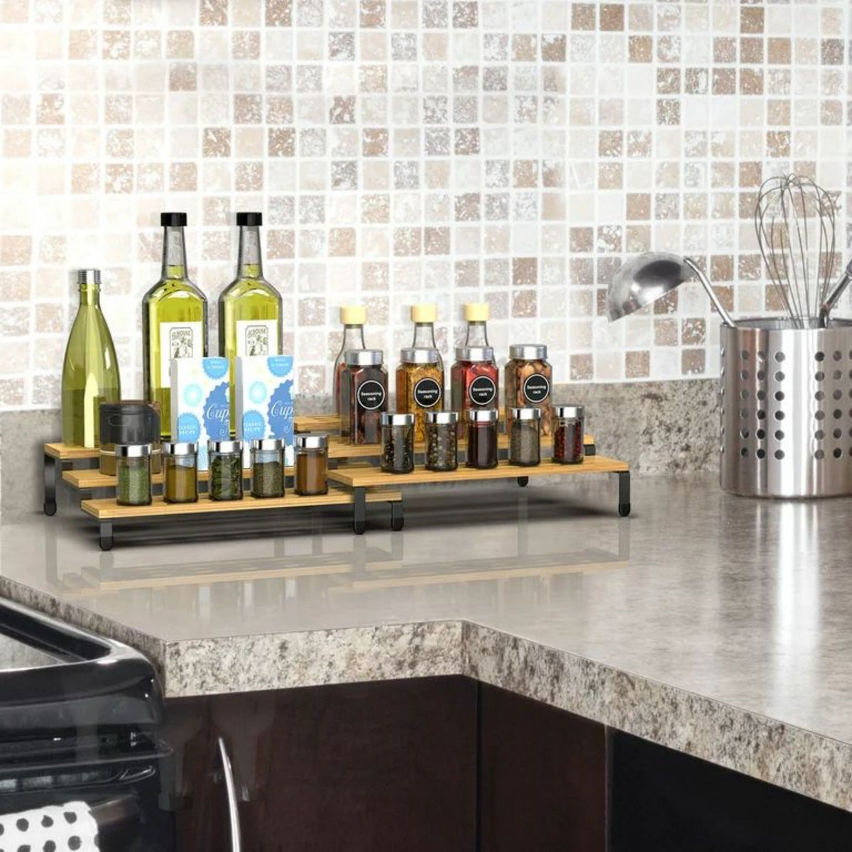 3 Tier Bamboo Spice Rack Freestanding Expandable Seasoning Jars Shelf