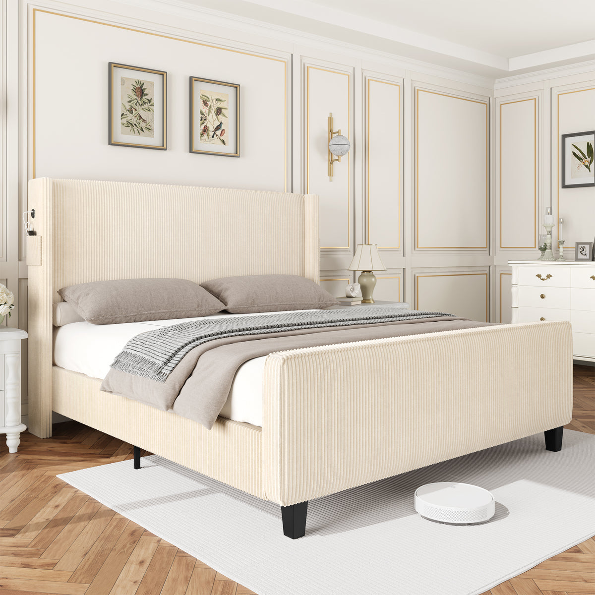 Corduroy Bed Frame With Wingback Headboard，Upholstered Platform Bed With Wood Slats, No Box Spring Needed, Easy Assembly