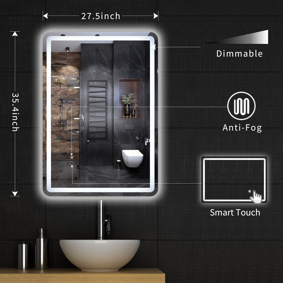 27.5 in. W x 35.4 in. H Rectangular Frameless Large Wall Anti-Fog Dimmable LED Bathroom Vanity Mirror
