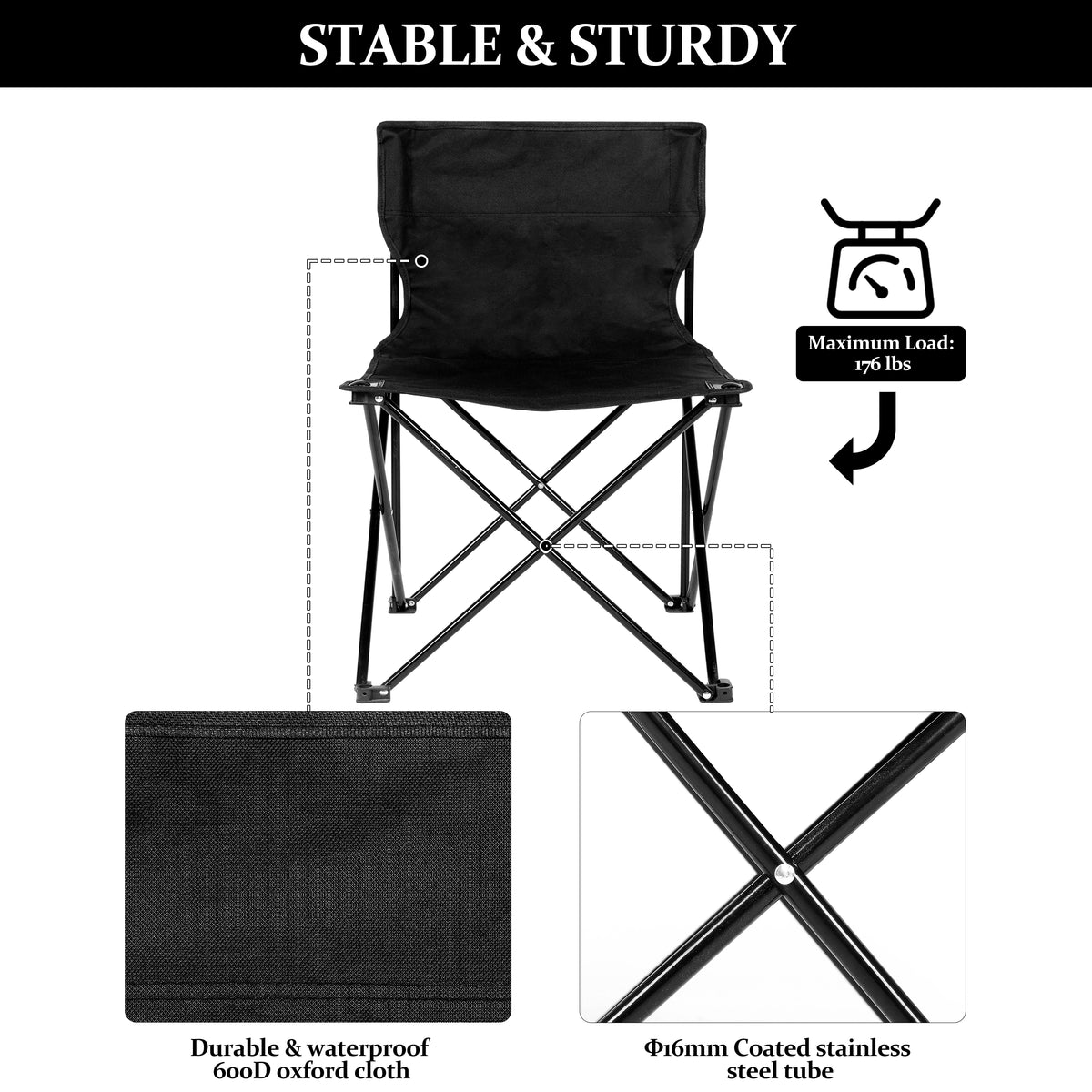 Mini Armless Portable Folding Camping Chair for Outdoor Camping Fishing in Black