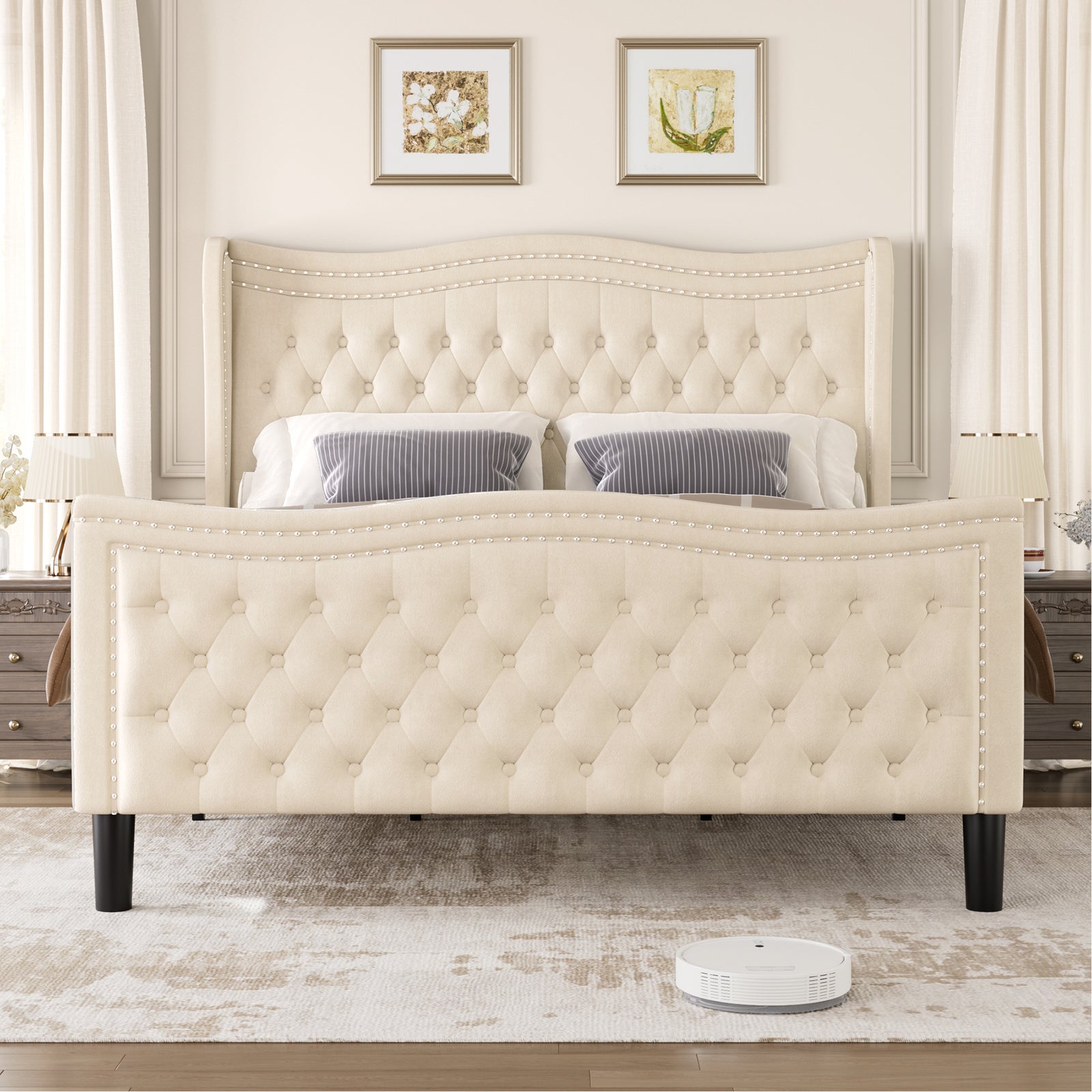 Beige Wood Frame Platform Bed with Wingback Headboard and Rhombus Pattern