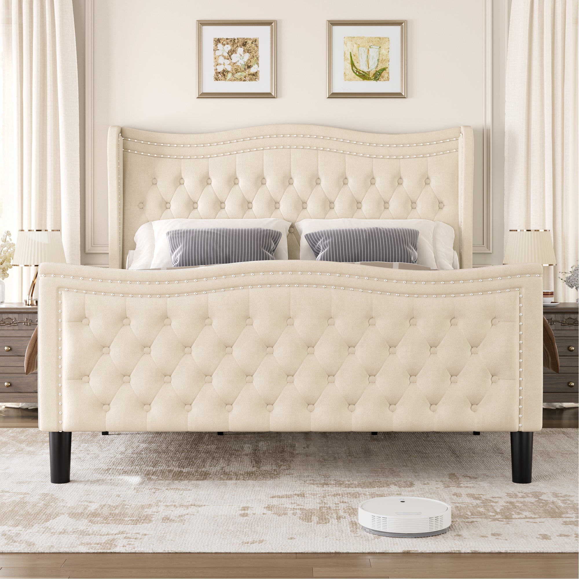 Beige Wood Frame Platform Bed with Wingback Headboard and Rhombus Pattern