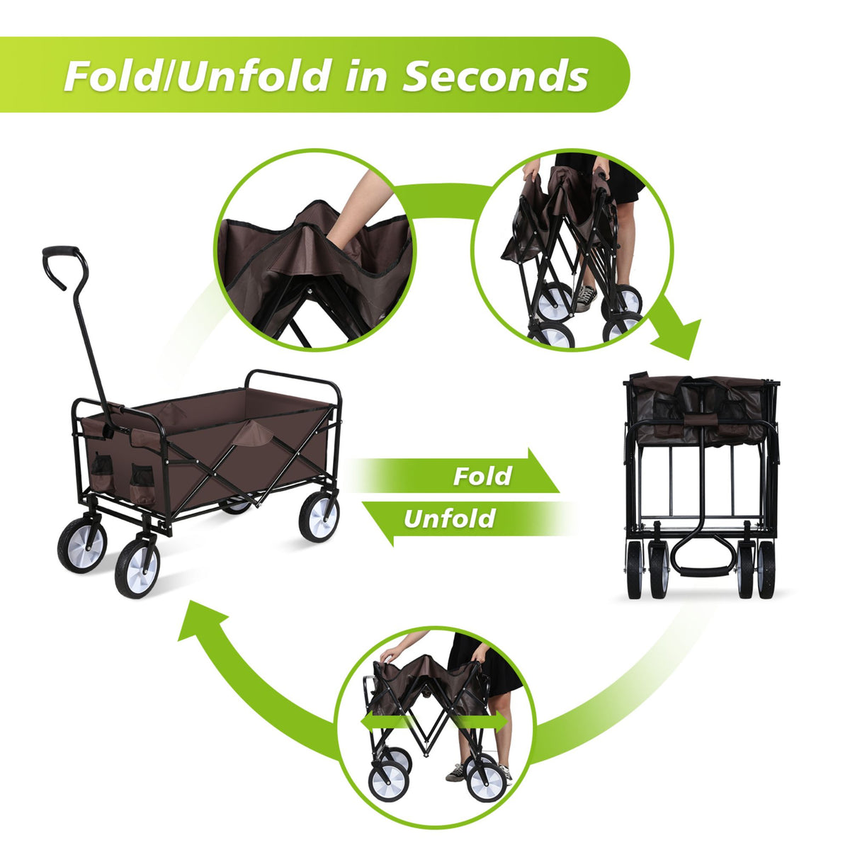 8 cu. ft. Brown Steel Rolling Collapsible Garden Cart Camping Wagon with Swivel Wheels and Adjustable Handle