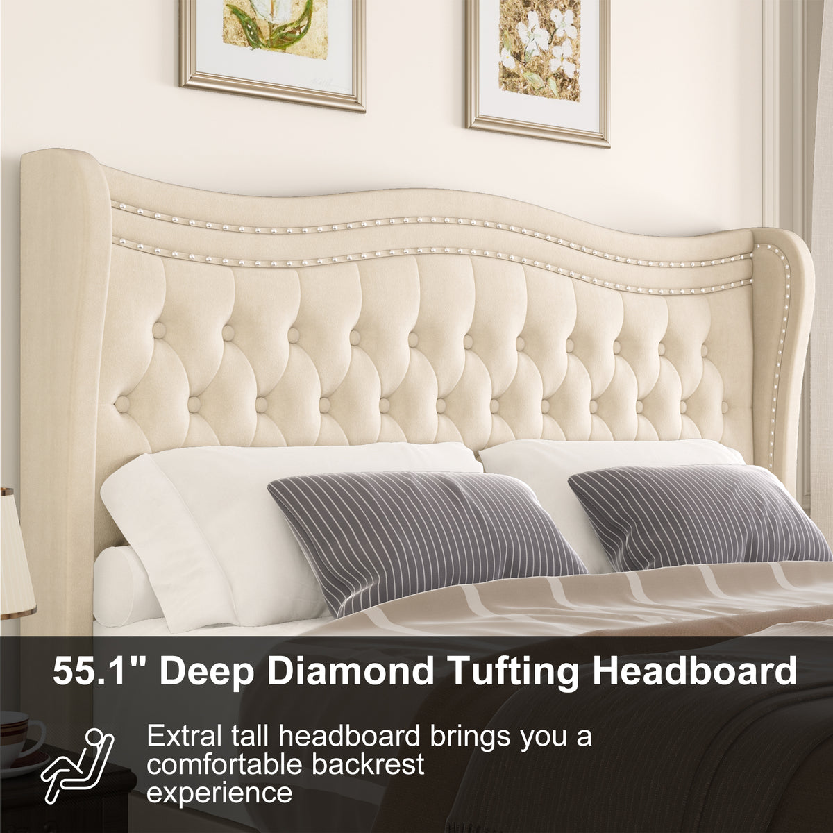 Beige Wood Frame Platform Bed with Wingback Headboard and Rhombus Pattern