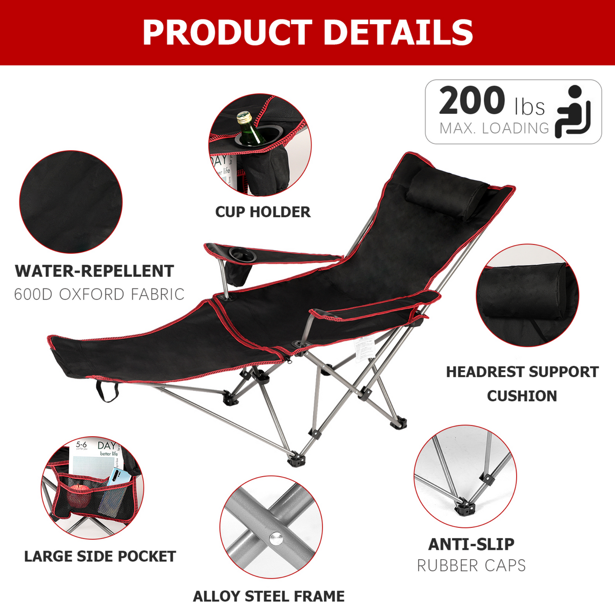 2 in 1 Folding Camping Chair with Footrest Mesh Lounge chair in Black