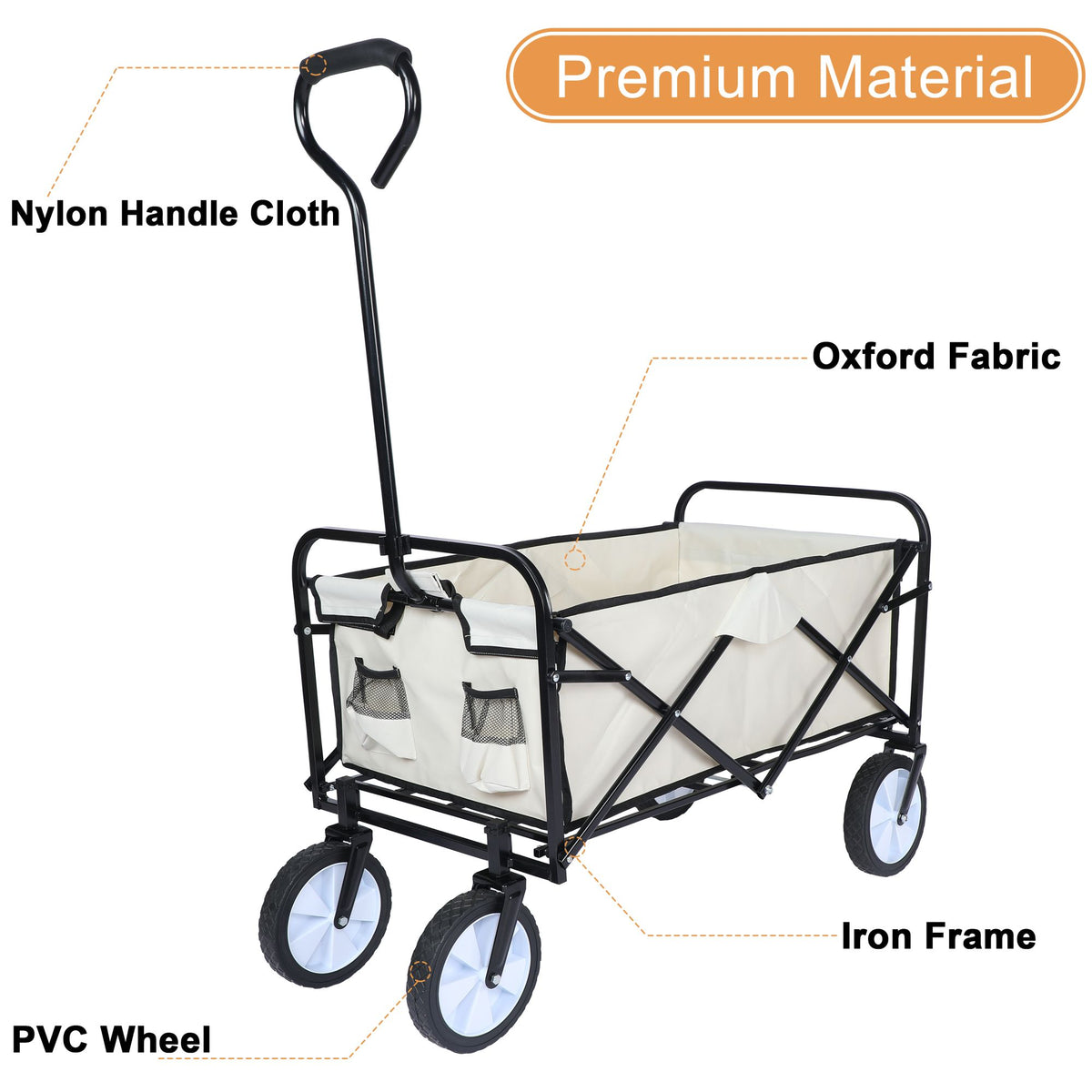 8 cu. ft. White Steel Rolling Collapsible Garden Cart Camping Wagon with Swivel Wheels and Adjustable Handle