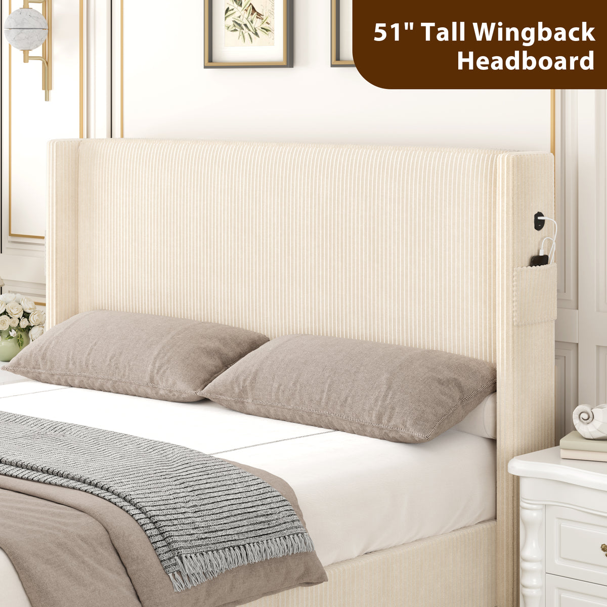 Corduroy Bed Frame With Wingback Headboard，Upholstered Platform Bed With Wood Slats, No Box Spring Needed, Easy Assembly