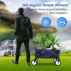 8 cu. ft. Blue Steel Rolling Collapsible Garden Cart Camping Wagon with Swivel Wheels and Adjustable Handle