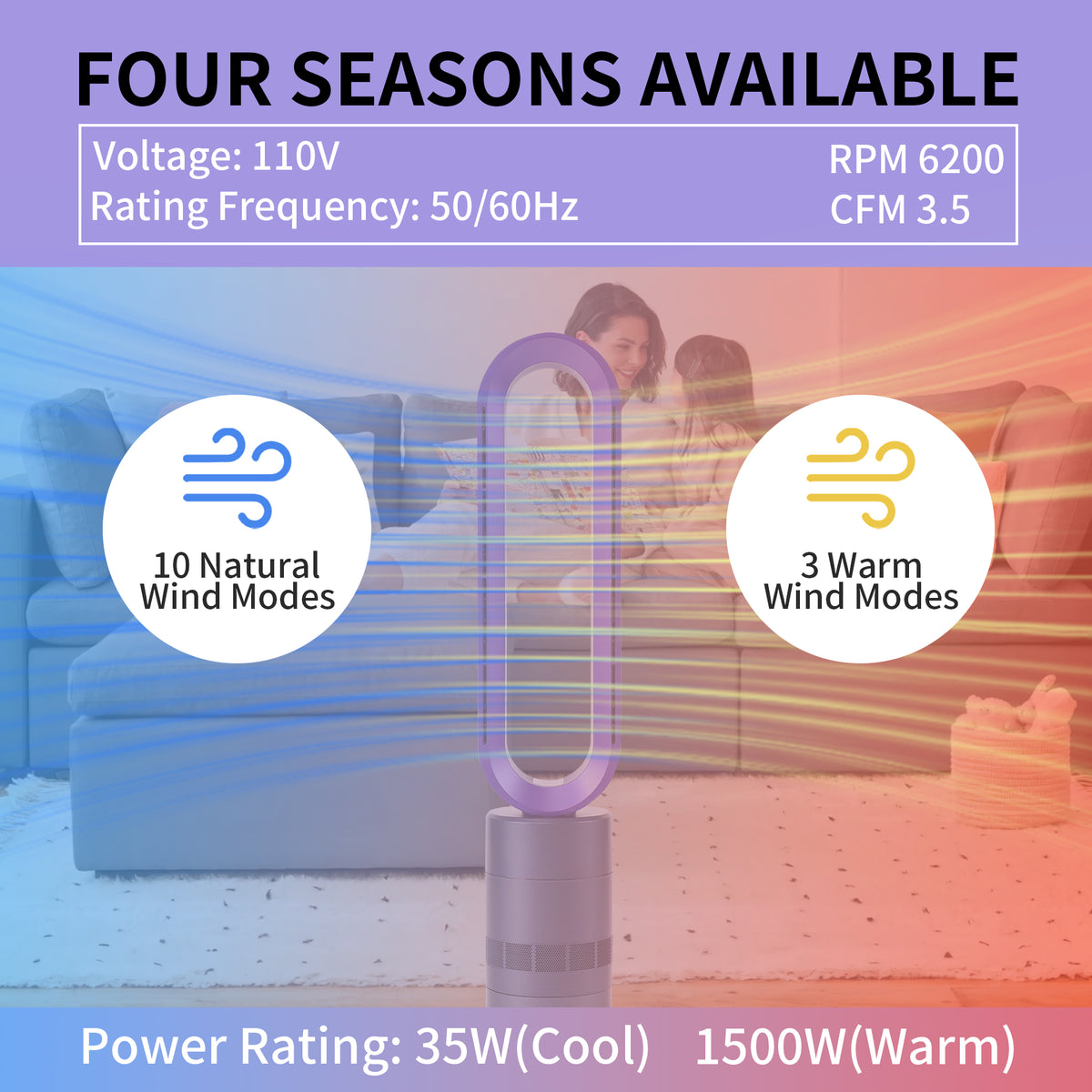 32 in. Bladeless Tower Cool Fan and Heater Fan Combo Ideal For Four Season Available