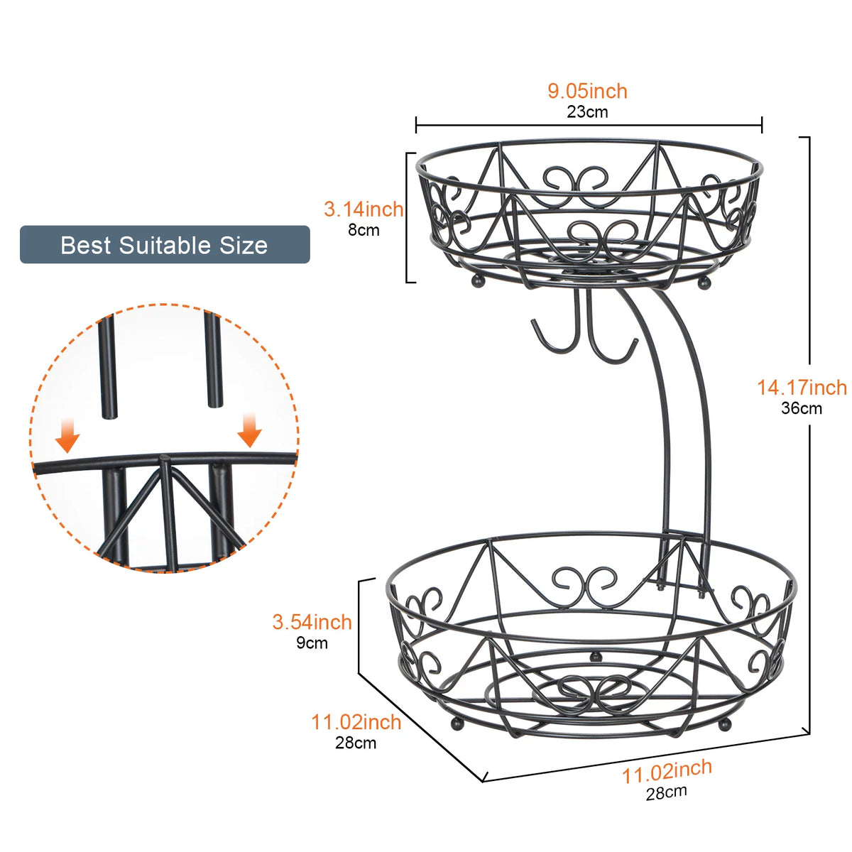 Black 1-Piece 2-Tier Fruit Basket with 2-Banana Hooks and 2-Fruit Bowl