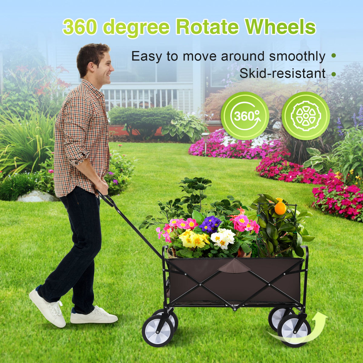 8 cu. ft. Brown Steel Rolling Collapsible Garden Cart Camping Wagon with Swivel Wheels and Adjustable Handle
