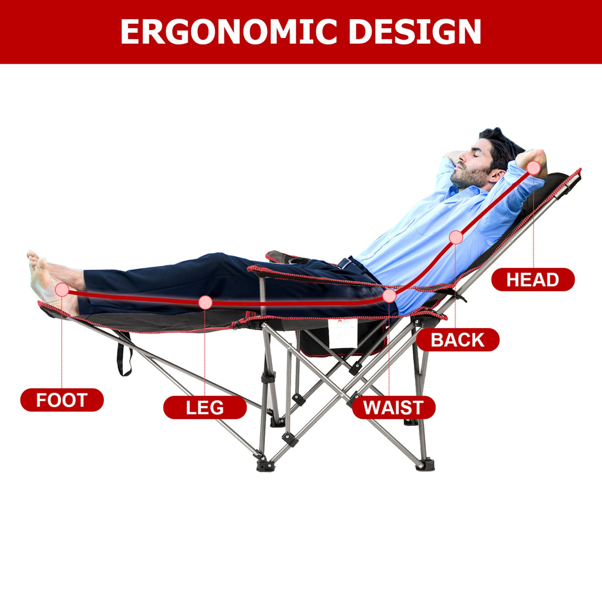 2 in 1 Folding Camping Chair with Footrest Mesh Lounge chair in Black