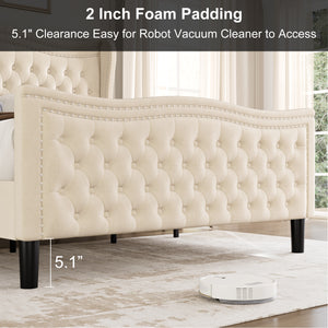Beige Wood Frame Platform Bed with Wingback Headboard and Rhombus Pattern