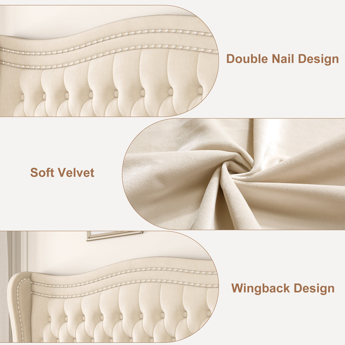 Beige Wood Frame Platform Bed with Wingback Headboard and Rhombus Pattern